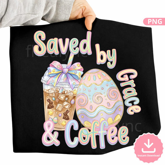 Saved By Grace And Coffee PNG, Christian Easter Coffee Design, Pastel Retro Easter Bunny Iced Coffee Sublimation (Digital Download)
