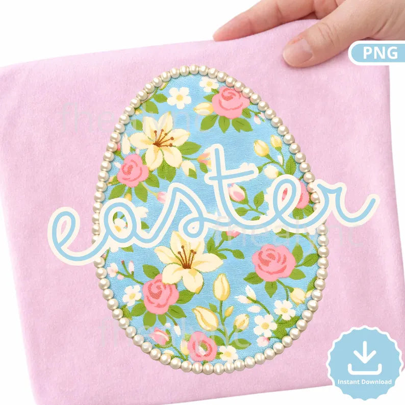 Vintage Floral Easter Egg PNG, Pearl Frame Easter Clipart, Blue Spring Flower Egg Digital Download, Sublimation Design (Digital Download)