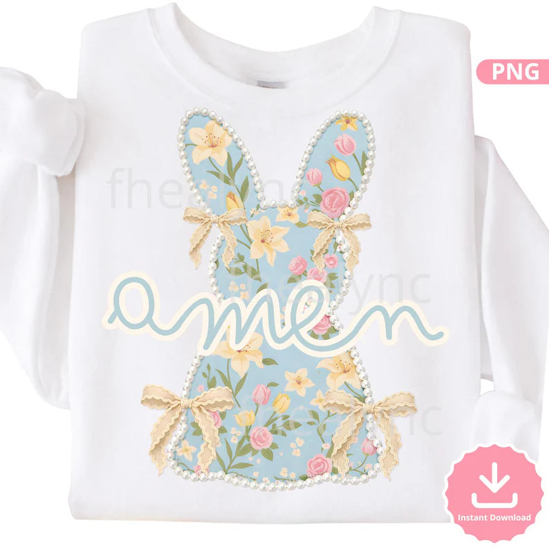 Floral Easter Bunny PNG, Blue Coquette Design with Pearls (Digital Download)