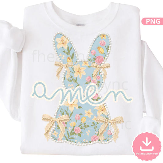 Floral Easter Bunny PNG, Blue Coquette Design with Pearls (Digital Download)