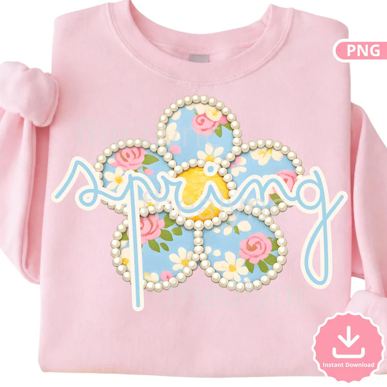 Spring Floral PNG, Blue Flower Pearl Frame Design (Digital Download)