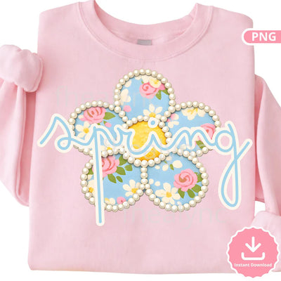 Spring Floral PNG, Blue Flower Pearl Frame Design (Digital Download)