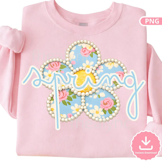 Spring Floral PNG, Blue Flower Pearl Frame Design (Digital Download)