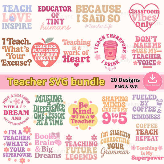 Teacher SVG Bundle: 20 Funny Quote Designs (PNG, SVG)