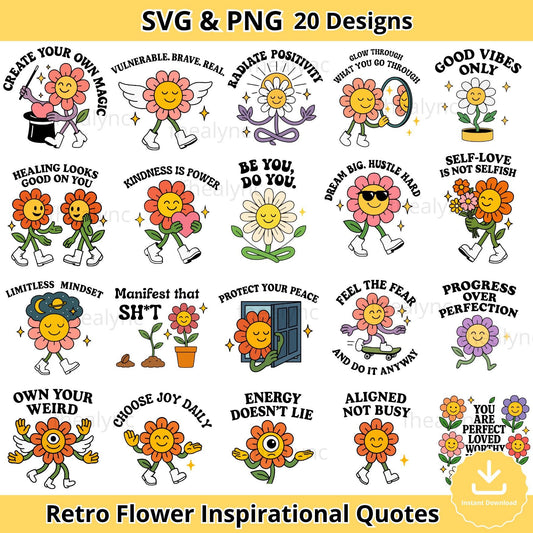 Retro Flower SVG Bundle: Inspirational Floral Quotes (PNG, SVG)
