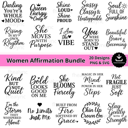 Women Affirmation SVG Bundle: 20 Inspirational Quotes (Digital Download)
