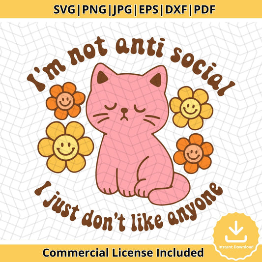 Funny Retro Cat SVG: Groovy Anti-Social Quote (Digital Download)