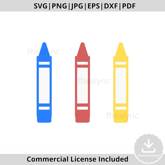 Crayons SVG Clipart, Back to School Digital Download, Blue Red Yellow Crayons Png Pdf Eps Jpg Dxf for Teachers & Kids