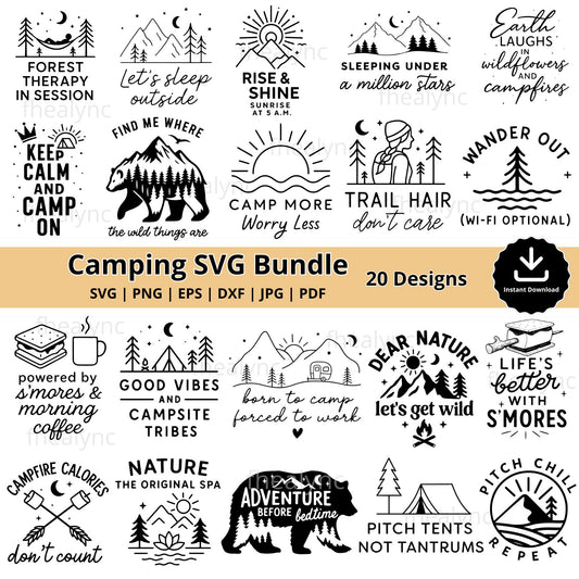 Camping SVG Bundle: 20 Outdoor Adventure Designs (Digital Download)