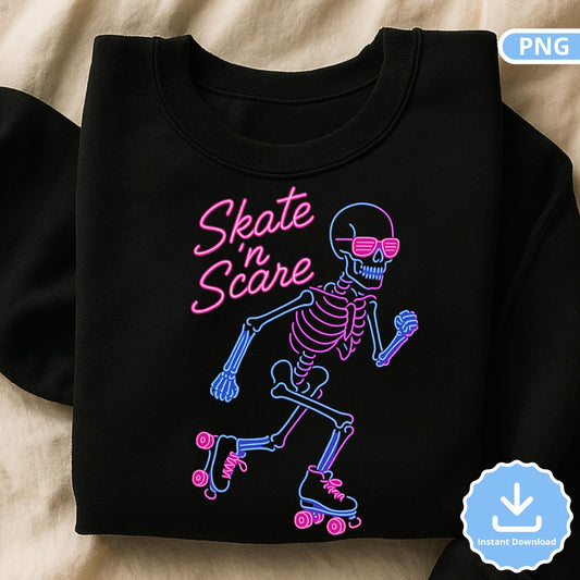 Neon Roller Skate Skeleton PNG: 80s Retro Halloween Clipart (Digital Download)