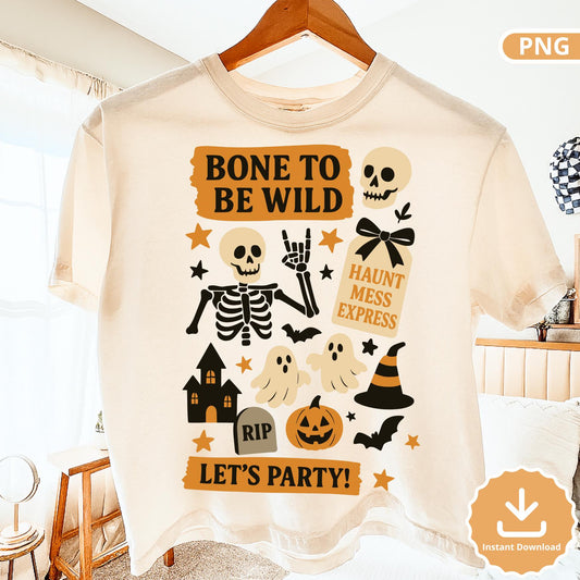 Retro Halloween Skeleton PNG: Bone To Be Wild Party Clipart (Digital Download