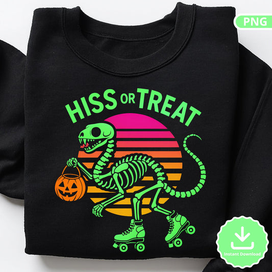Retro Dino Halloween PNG: Skeleton Dinosaur Roller Skate Design (Digital Download