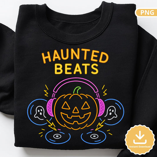 Neon Halloween Pumpkin DJ PNG: Haunted Beats T-Shirt Design (Digital Download