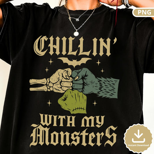 Retro Halloween Monsters PNG: Skeleton, Werewolf, Frankenstein Clipart (Digital Download)