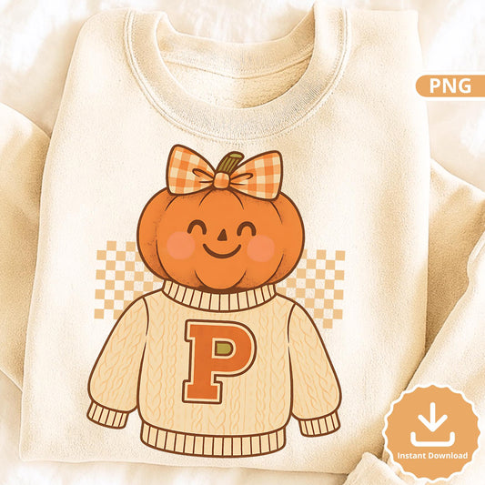 Preppy Pumpkin PNG: Varsity Sweater, Gingham Bow - Fall Halloween Clipart (Digital Download