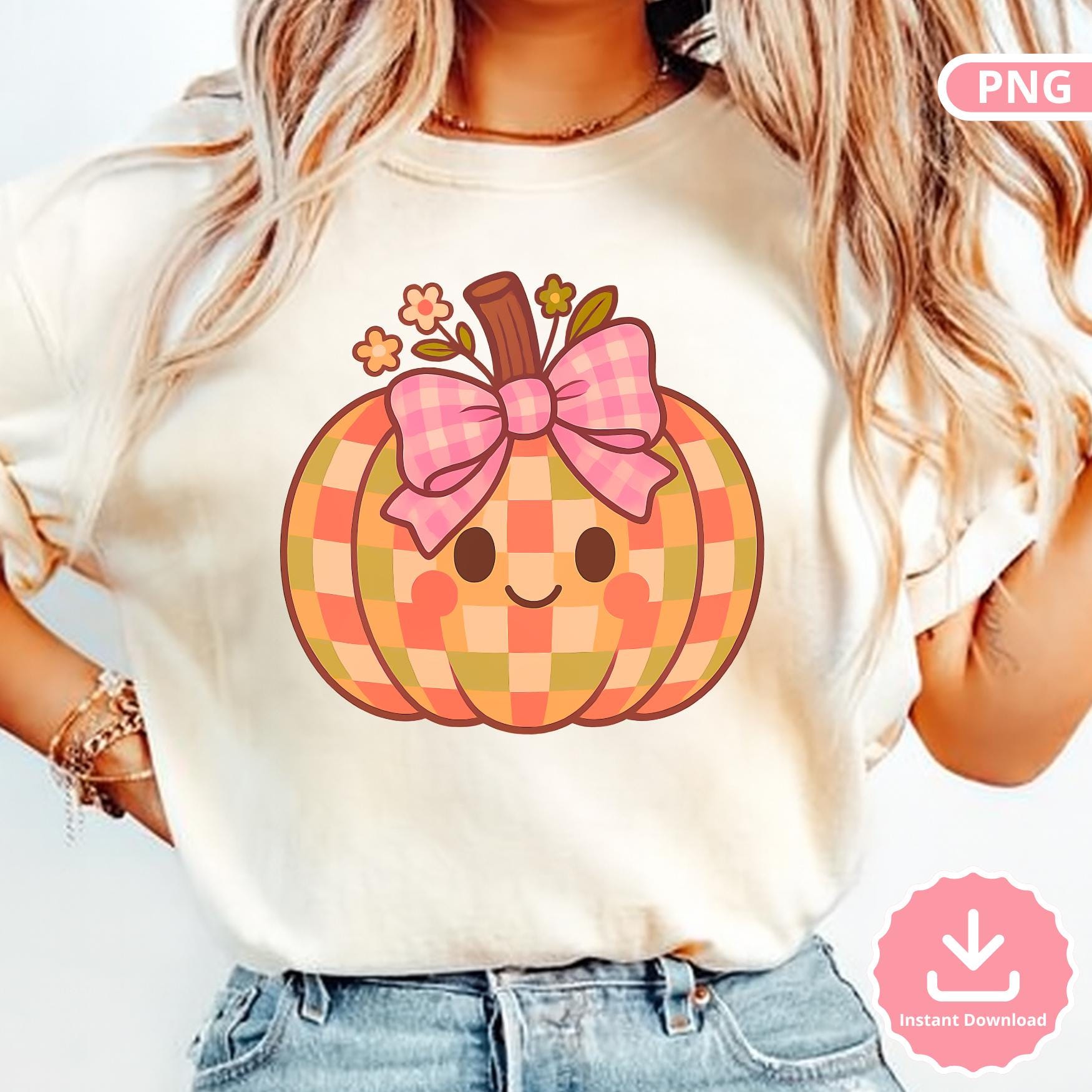 Gingham Pumpkin PNG: Kawaii Pastel Plaid Clipart (Digital Download