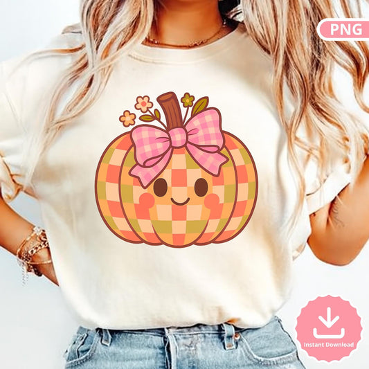 Gingham Pumpkin PNG: Kawaii Pastel Plaid Clipart (Digital Download