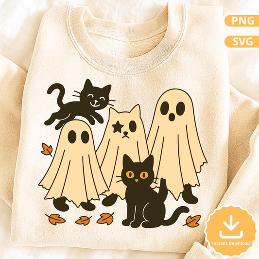 Ghost Cats SVG PNG, Cute Black Cat Ghosts Halloween Clipart, Boo Crew Cricut Cut File, Kawaii Spooky Shirt Design, Instant Download SVG