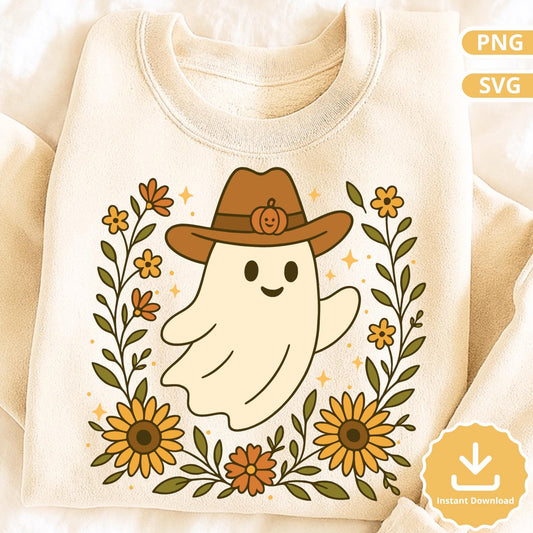 Cowboy Ghost Halloween Clipart, Retro Spooky Fall Design (PNG SVG Digital Download