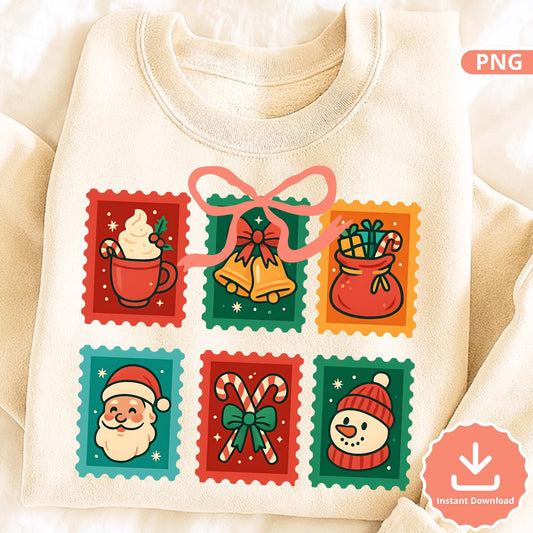 Christmas Stamps PNG, Cute Holiday Clipart, Santa Snowman Candy Cane Bells Cocoa, Festive Retro Christmas Digital Download