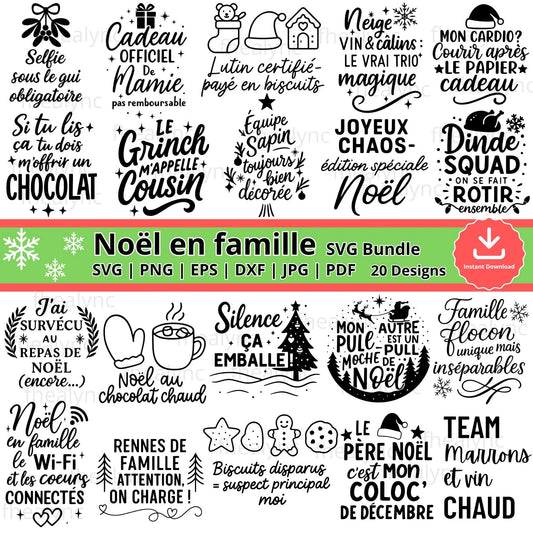 Noël en Famille SVG Bundle, 20 Funny French Family Christmas Quotes, Holiday Cricut Files, Humorous Family Xmas Designs