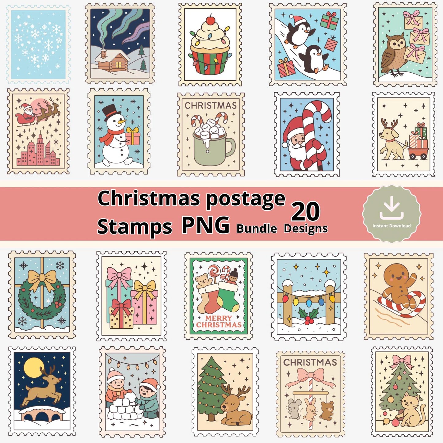 Christmas Postage Stamp PNG Bundle, 20 Cute Holiday Stamp Clipart, Retro Christmas Postage Stamps, Xmas Stamps Digital Download