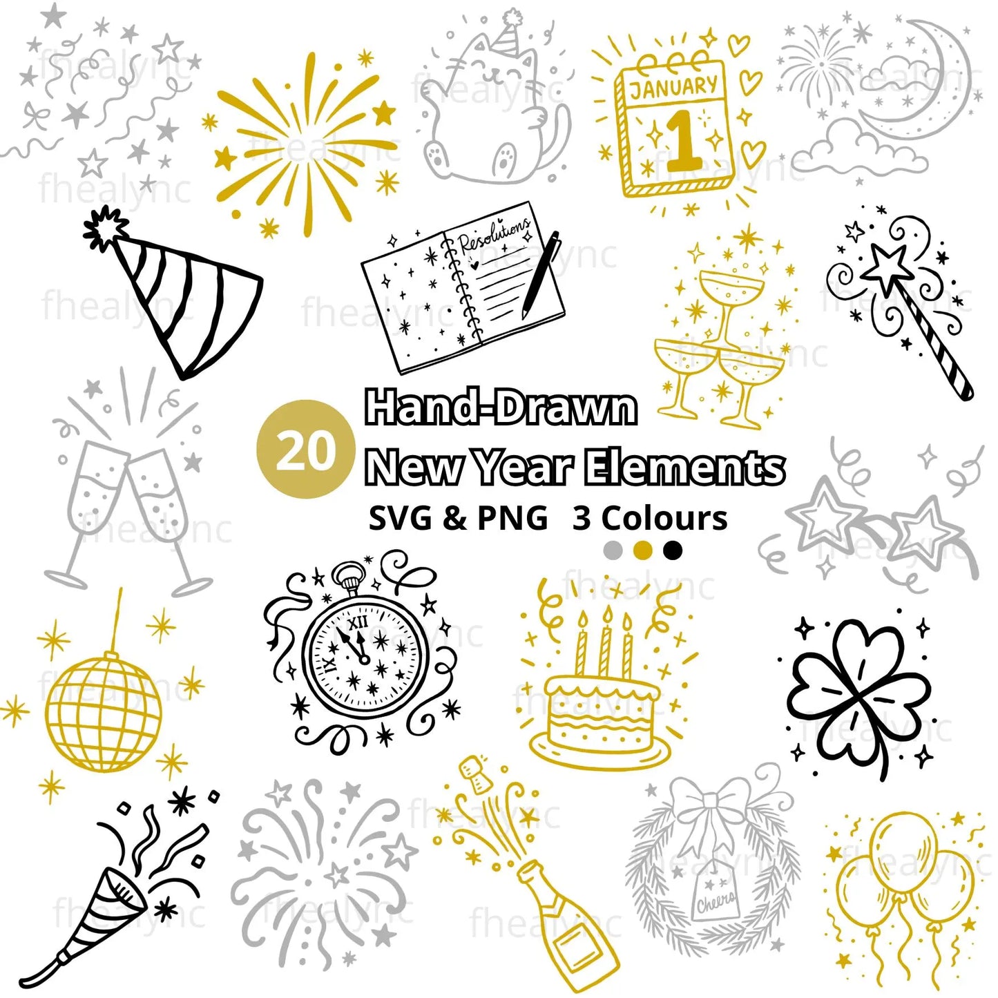 20 Hand-Drawn New Year SVG Bundle, Festive Clipart Svg, Party Doodles, Champagne, Fireworks, Resolutions, Digital Download