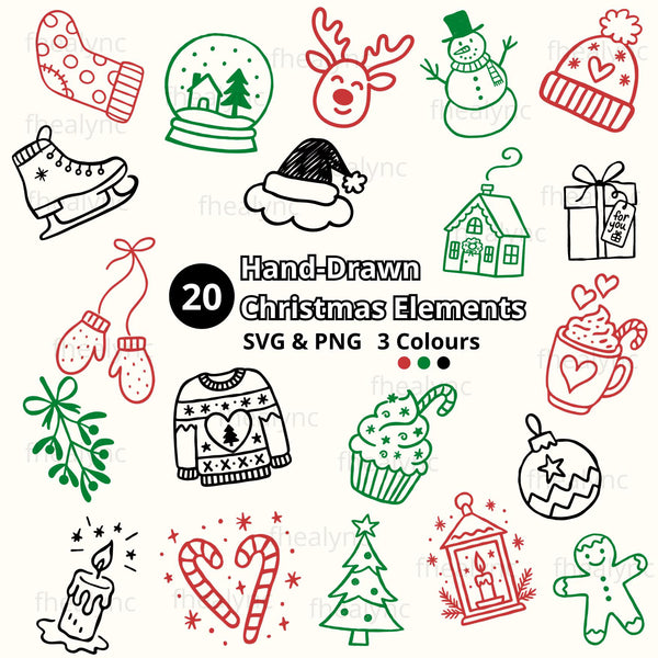 20 Hand Drawn Christmas Elements, Christmas SVG Bundle, Holiday Clipart, Winter Doodle PNG, Cute Festive Line Art, Red Green Black Christmas