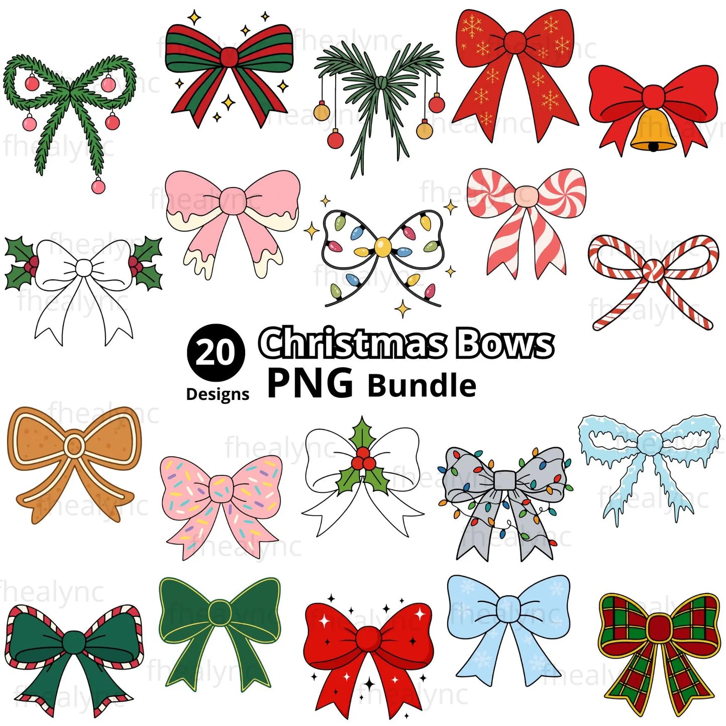 Christmas Bows PNG Bundle, 20 Festive Clipart Designs, Coquette Bow Png, Cute Xmas Bow PNG, Ribbon Bow Png