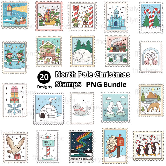 North Pole Christmas Stamps PNG Bundle, Cute Winter Holiday Postage Clipart, Polar Bear, Elf, Igloo, Aurora PNG, Digital Download