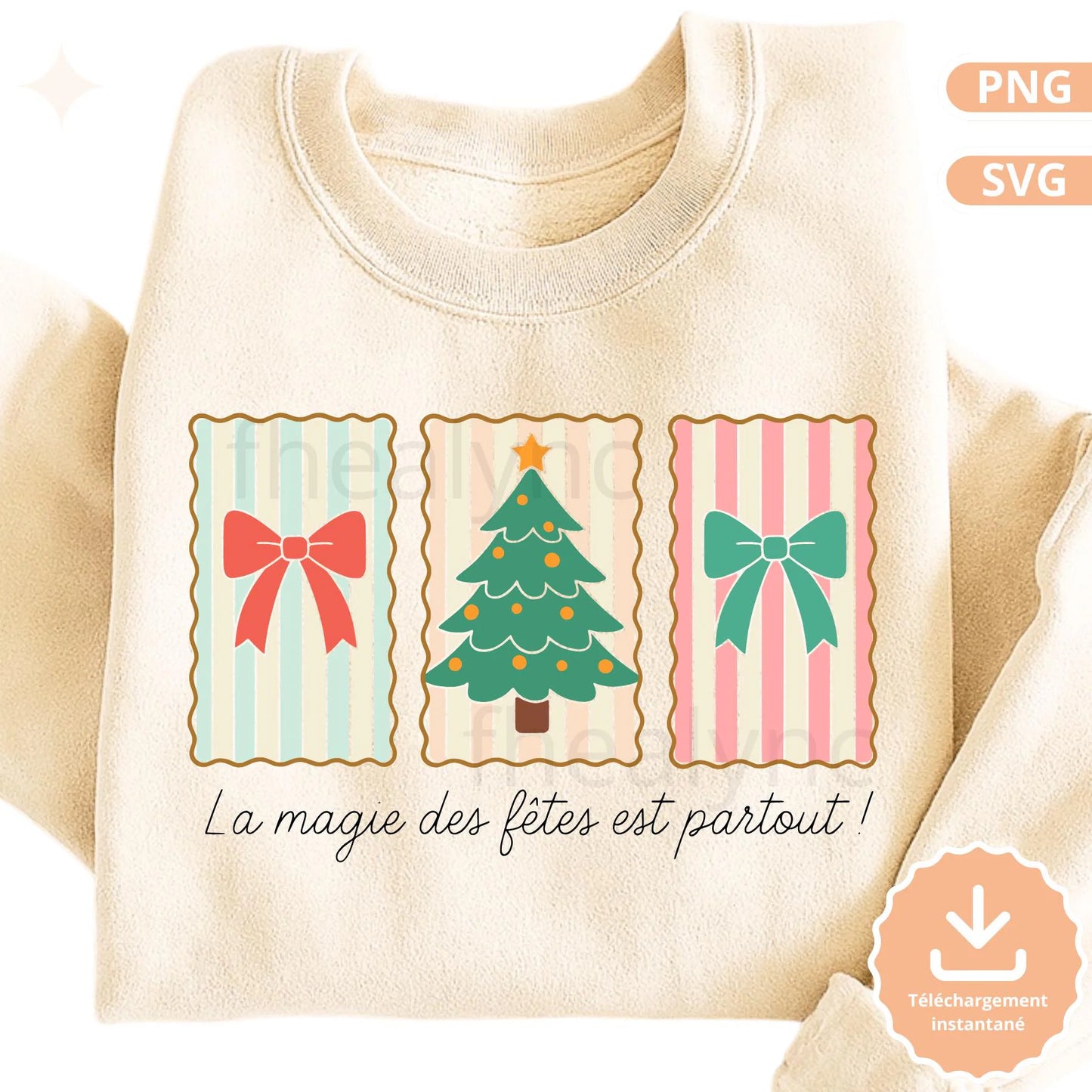La magie des fêtes SVG PNG, Design Noël Vintage, Panneaux Festifs Bow & Sapin, Fichier Cricut Silhouette, Sweatshirt Noël Svg