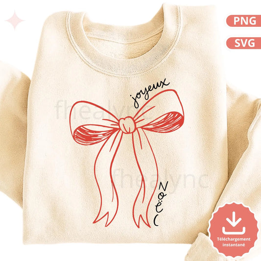 Joyeux Noël SVG PNG, Grand Nœud Noël Dessiné, Design Ligne Fine Minimaliste, Fichier Cricut Silhouette, Sweatshirt Noël Svg