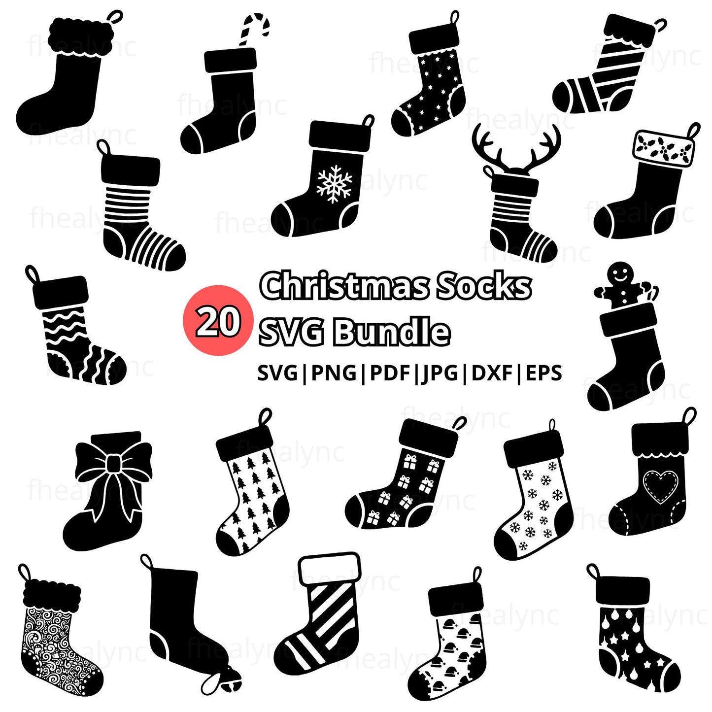 Christmas Socks SVG Bundle, 20 Christmas Stocking Cut Files, Holiday SVG Pack for Cricut & Silhouette, Cute Christmas Clipart