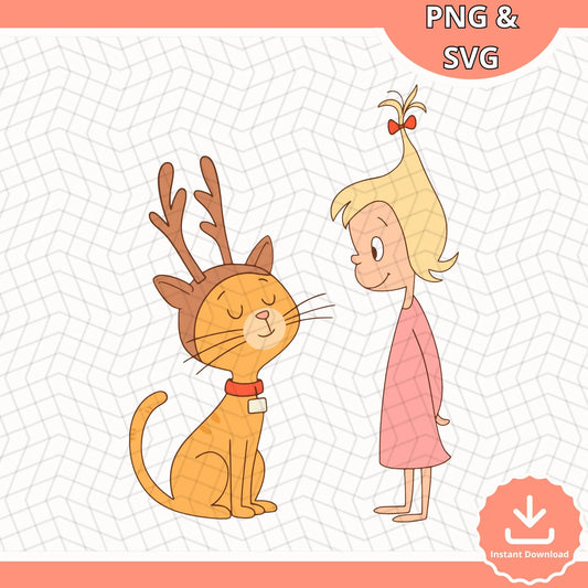 Cute Christmas Girl and Cat Clipart, Reindeer Cat PNG SVG, Hand-Drawn Holiday Illustration, Kids Christmas Art, Kawaii Cat Digital Download