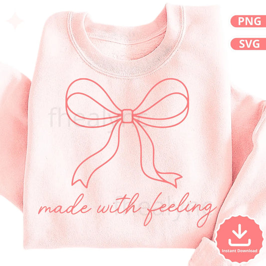 Bow SVG PNG, Made With Feeling Bow Design, Minimal Line Bow SVG for Cricut, Cute Aesthetic Bow Clipart