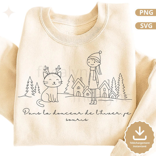 Illustration Hiver Enfant and Renne, Fichier SVG PNG, Décoration Noël Minimaliste, Dessin Ligne Fine, Design Cricut & Print
