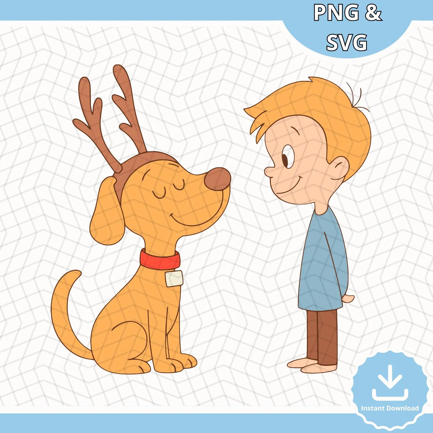 Christmas Boy and Reindeer Dog SVG, Reindeer Dog Clipart, Kids Holiday PNG, Cartoon Dog SVG, Christmas Pet Illustration