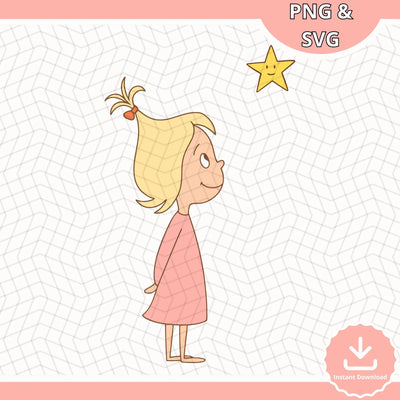 Christmas Girl Looking at Star SVG, Kawaii Kids Clipart, Child Illustration PNG, Minimalist Cute Character Art, Cricut & Sublimation