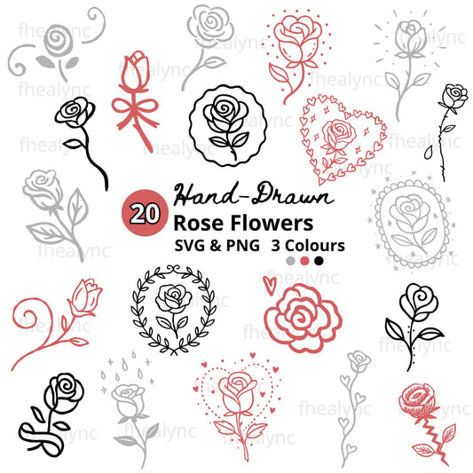 Hand Drawn Rose Flower SVG PNG Bundle for Cricut Crafts Romantic Designs (Digital Download)