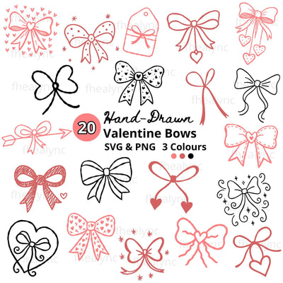 Hand Drawn Valentine Bow SVG Bundle Cute Ribbon Hearts Doodles Cricut Cut Files (Digital Download)