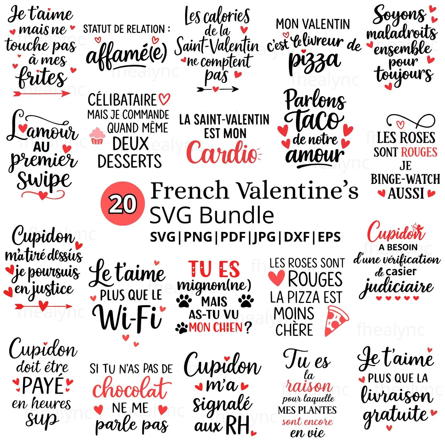 French Valentine SVG Bundle, Funny Love Quotes, 20 Designs (Digital Download)