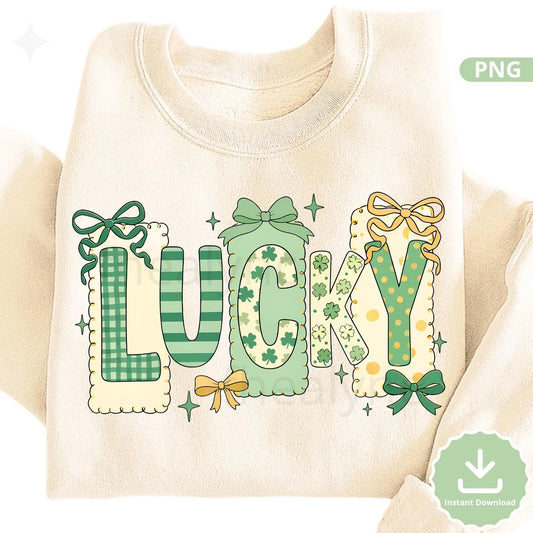Lucky St Patrick’s Day PNG, Green Shamrock Lucky Letters Design, Cute Irish Sublimation Graphic (Digital Download)