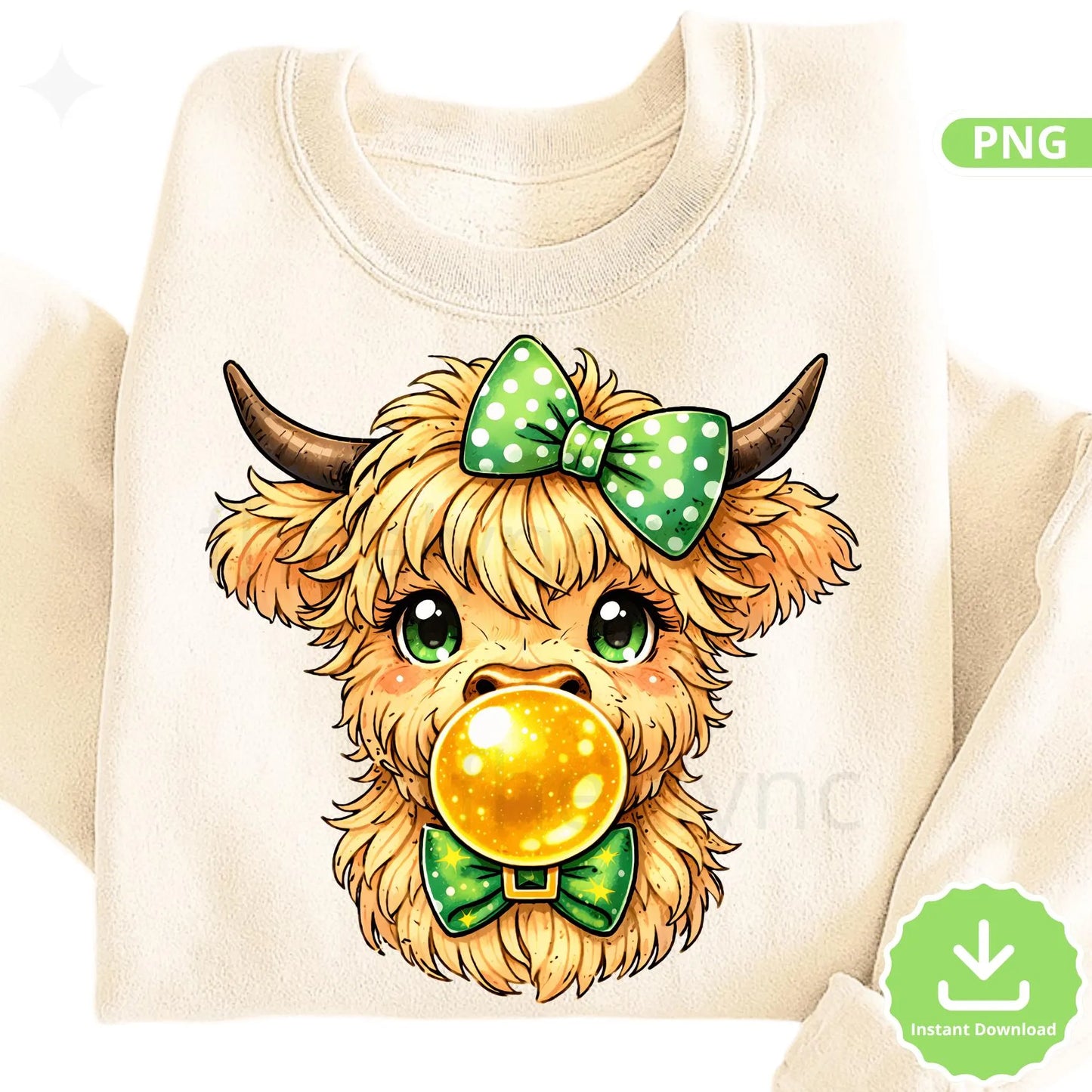 Highland Cow PNG Cute St Patrick’s Day Design, Baby Highland Cow with Bow, Sublimation & T-Shirts (Digital download)