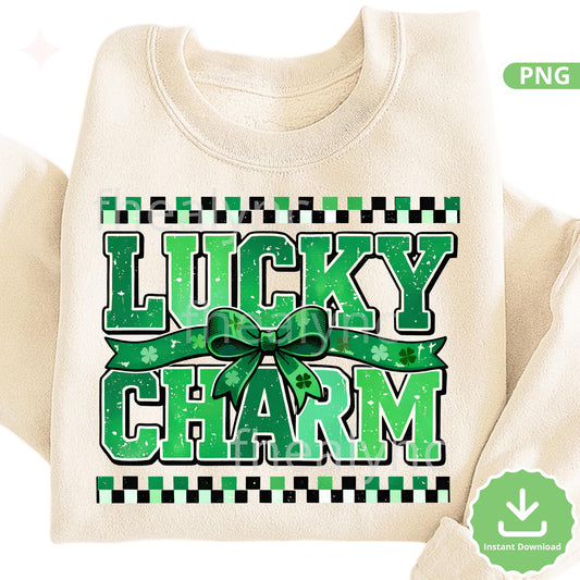Lucky Charm St Patrick’s Day PNG, Green Bow Shamrock Sublimation Design, Irish Lucky Charm Graphic, St Patricks Shirt PNG (Digital Download)