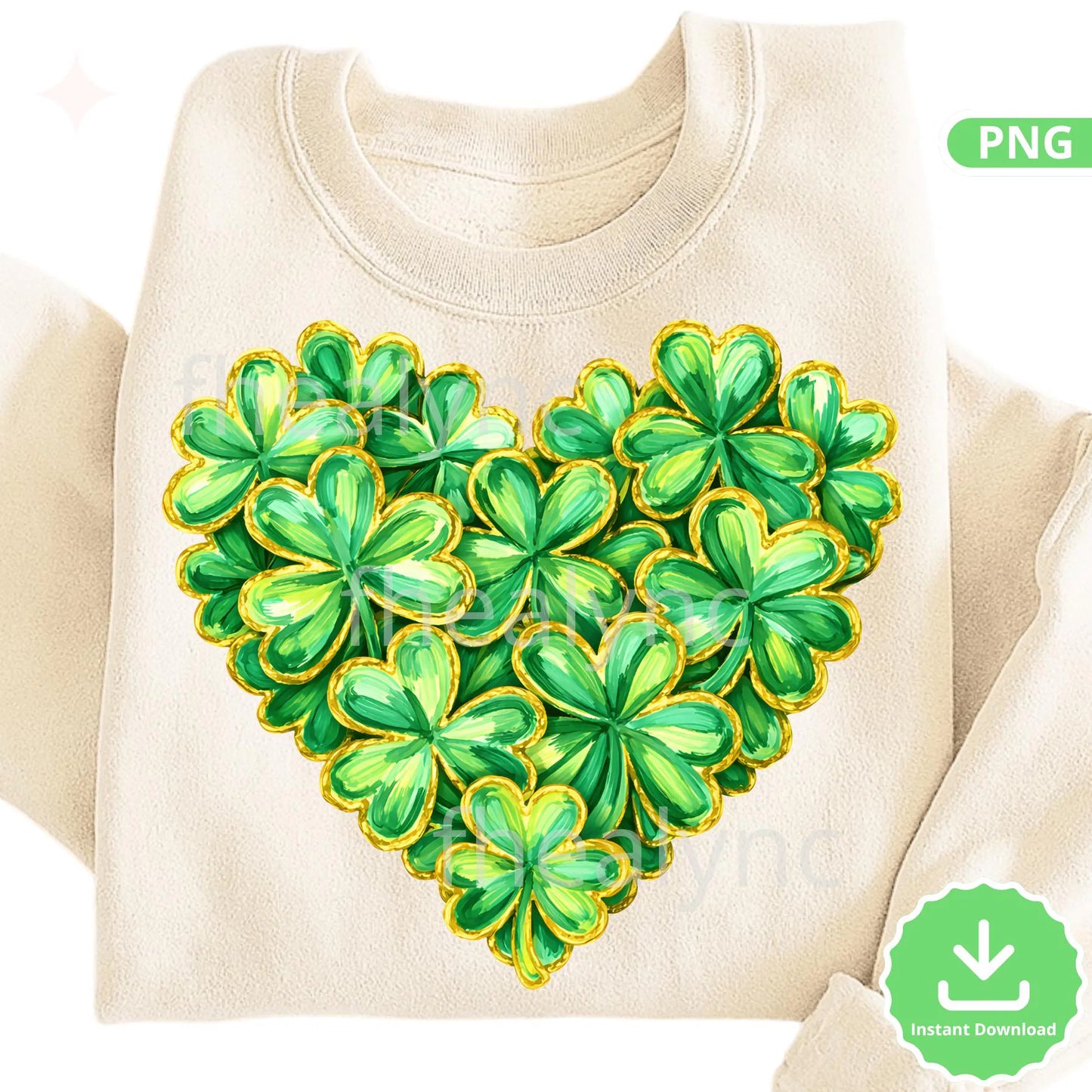 St Patrick’s Day Clover Heart PNG, Clover Heart Clipart, Lucky Irish Heart Design, Green Gold Shamrock PNG (Digital Download)