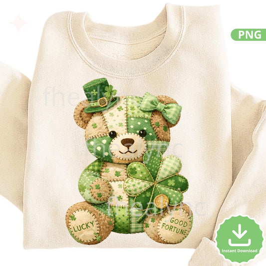 St Patrick’s Day Teddy Bear PNG Patchwork Shamrock Bear Clipart Lucky Bear (Digital Download)