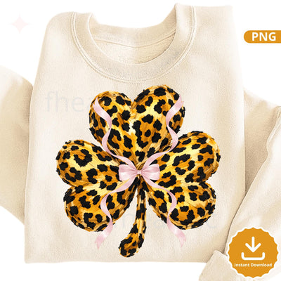 Leopard Print Clover with Pink Bow St Patrick’s Day Clipart (Digital Download)