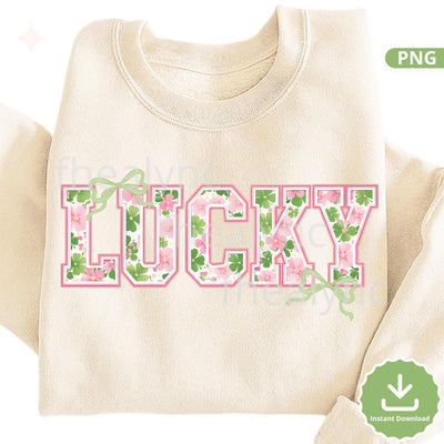 Lucky Floral Varsity PNG, St Patrick’s Day Lucky Design, Shamrock Flower Letters PNG, Sublimation (Digital Download)