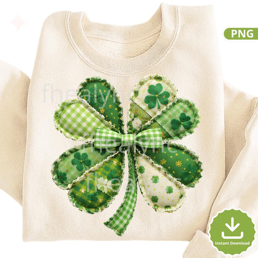 St. Patrick’s Day Patchwork Clover Bow PNG, Shamrock Clipart, Lucky Irish Sublimation Design, Printable PNG (Digital Download)