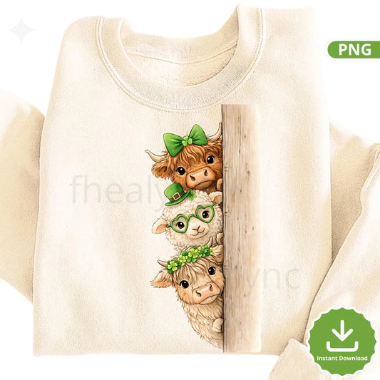 St Patrick’s Day Highland Cow PNG, Cute Cow & Sheep Peekaboo Clipart, Lucky Farm Animal PNG, Sublimation Shirt Design (Digital Download)